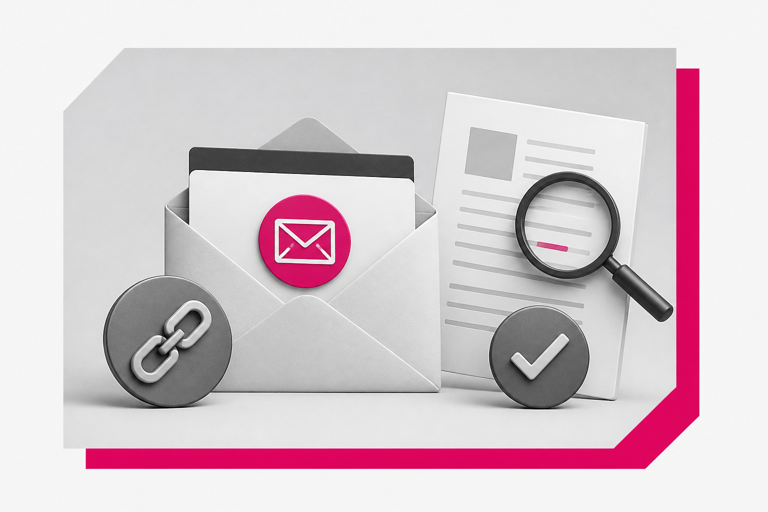 Sobre de contacto, documento, enlace, lupa y marca de verificación