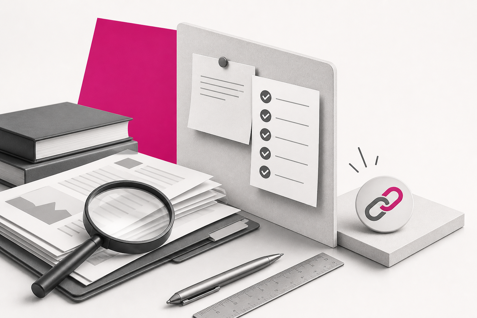 Mesa editorial con documentos, lupa, lista de control y un enlace comercial separado