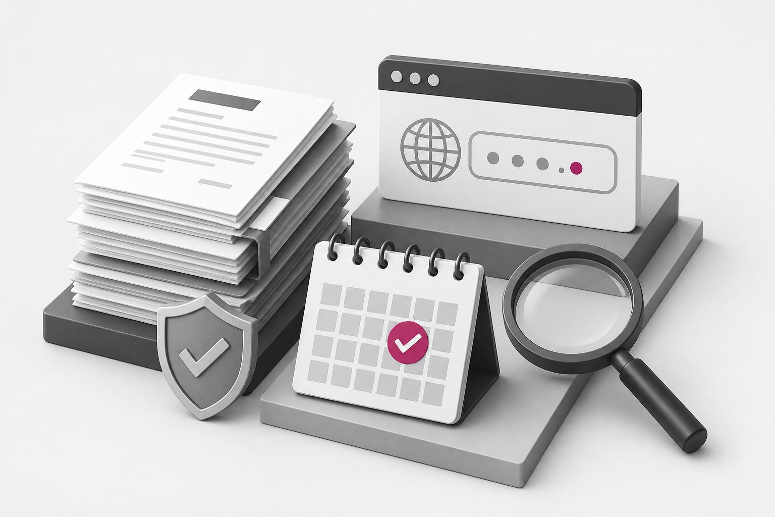 Documentos, navegador, calendario, escudo y lupa usados como flujo de verificación