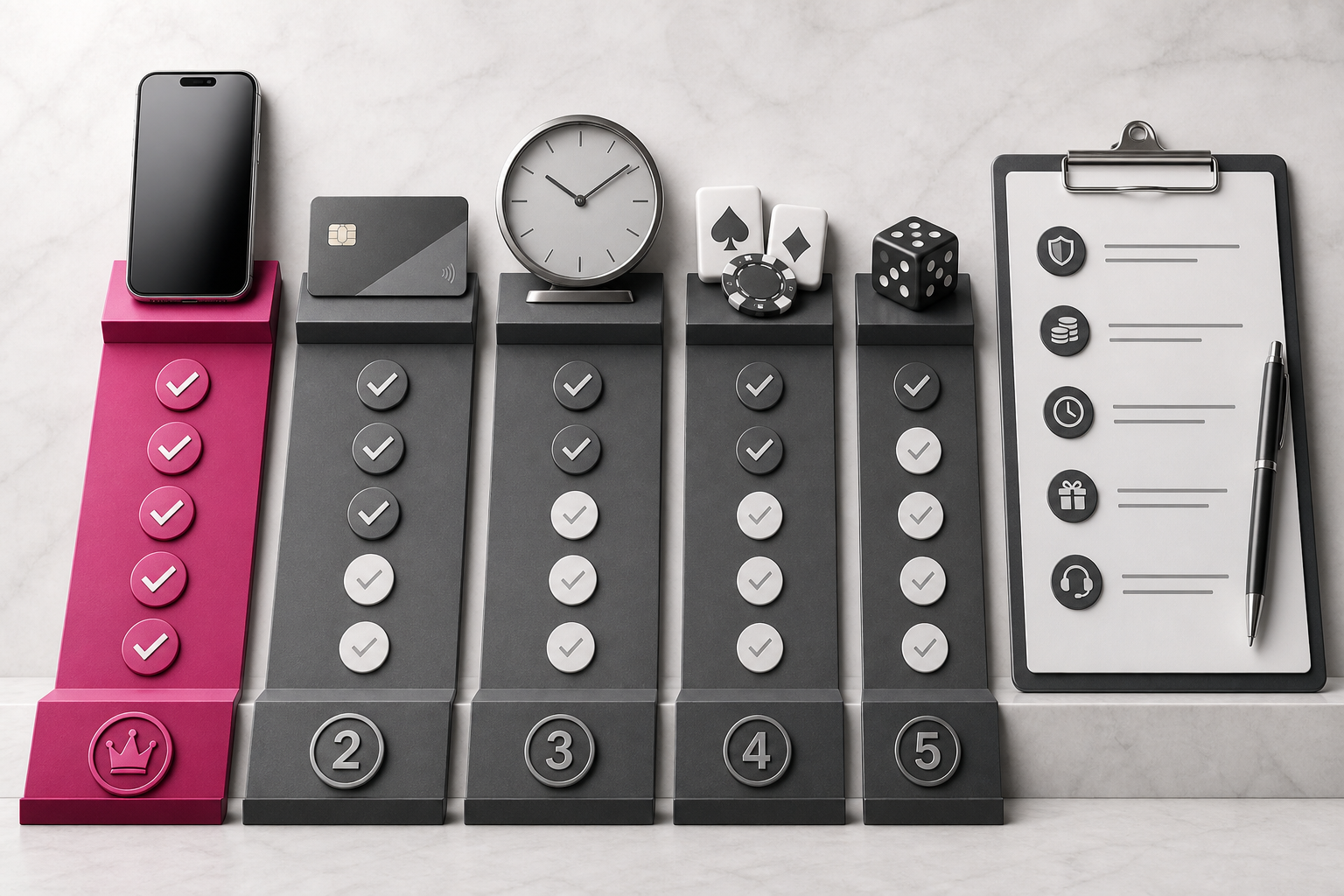 Objetos que representan móvil, pagos, tiempos, juegos y atención alineados como criterios de comparación