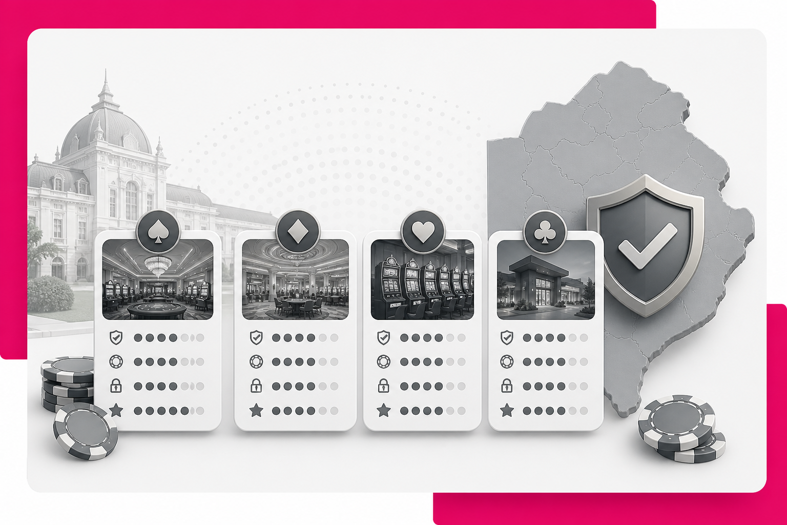 Composición visual de tarjetas comparativas, un escudo de verificación y la Provincia de Buenos Aires